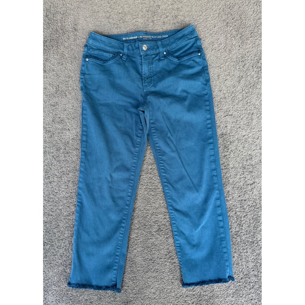 Chicos So Slimming‎ Girlfriend Slim Leg Crop Jeans Teal Blue Frayed Size 0 S